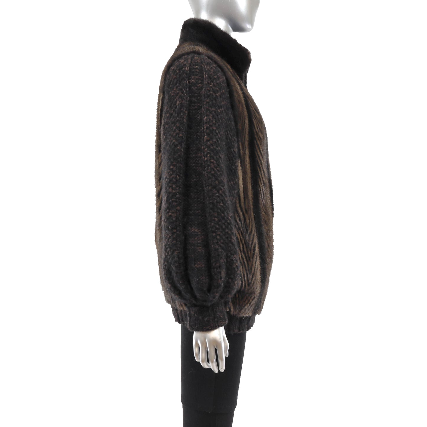 Brown Mink Jacket with Knitted Sleeves - Size L