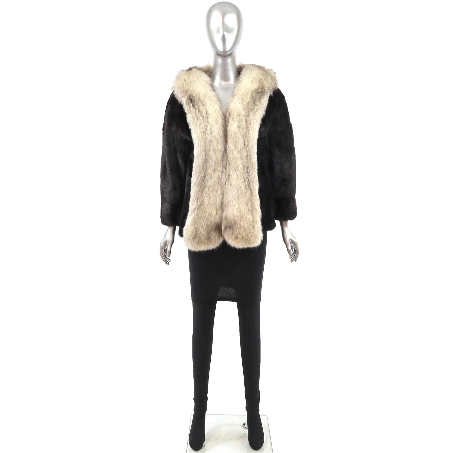 Black Mink Jacket with Fox Tuxedo- Size M