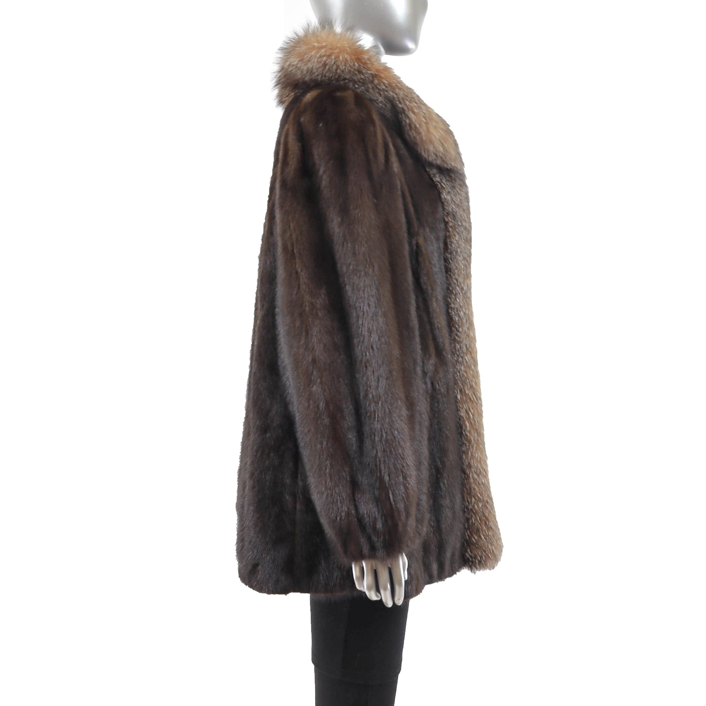 Brown Mink Jacket with Fox Tuxedo- Size XL