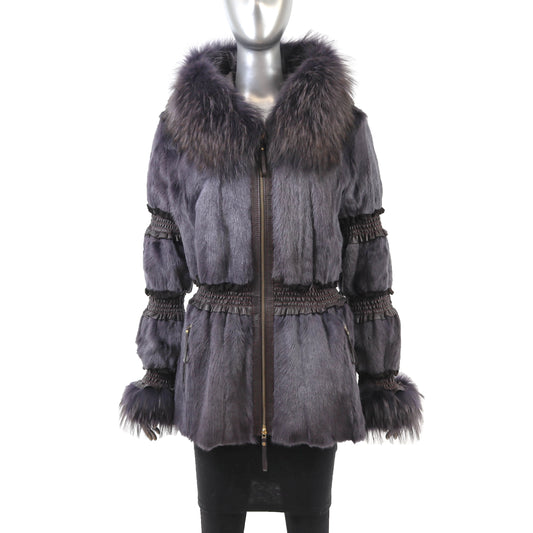 Purple Hooded Lamb Jacket with Fox Trim and Leather- Size S