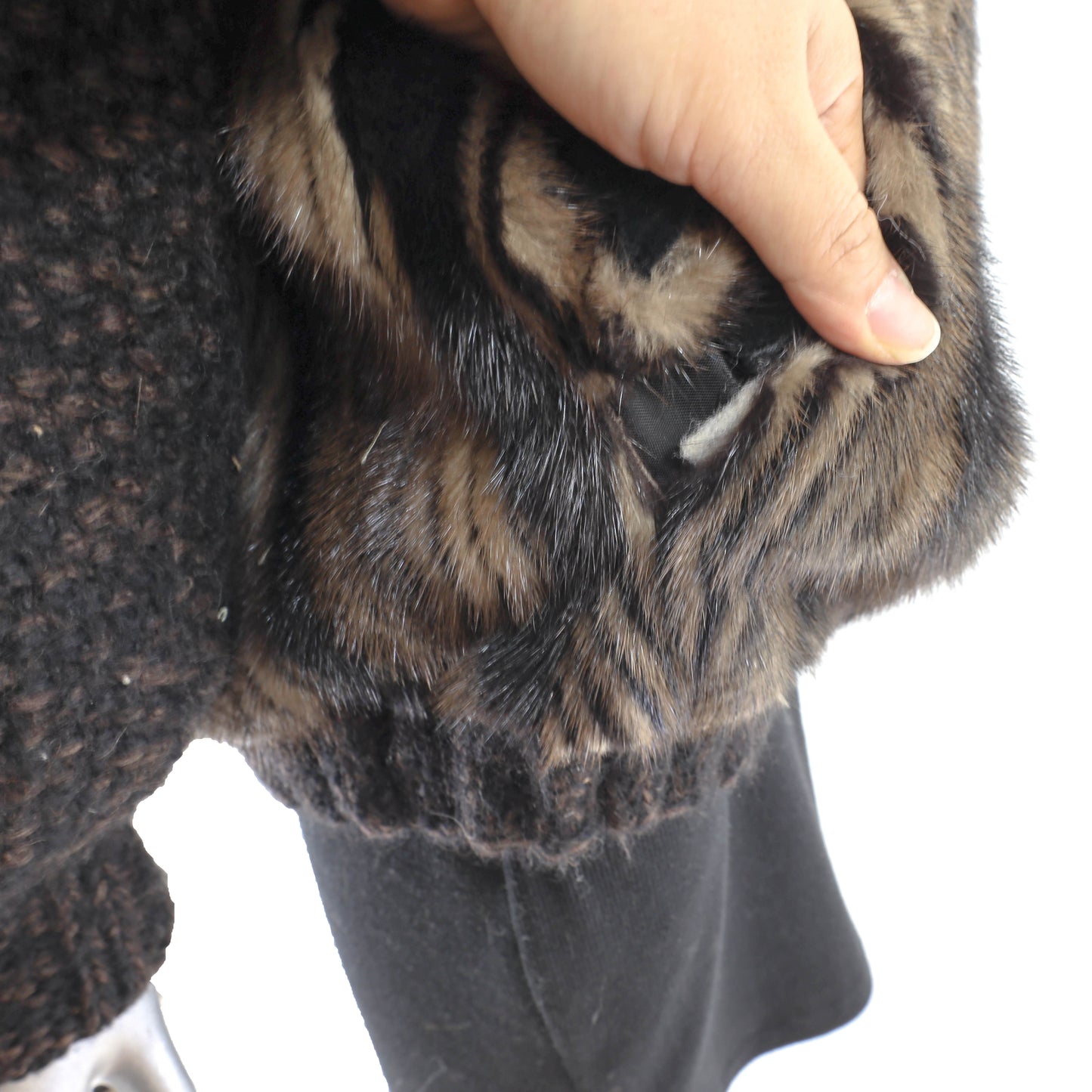 Brown Mink Jacket with Knitted Sleeves - Size L