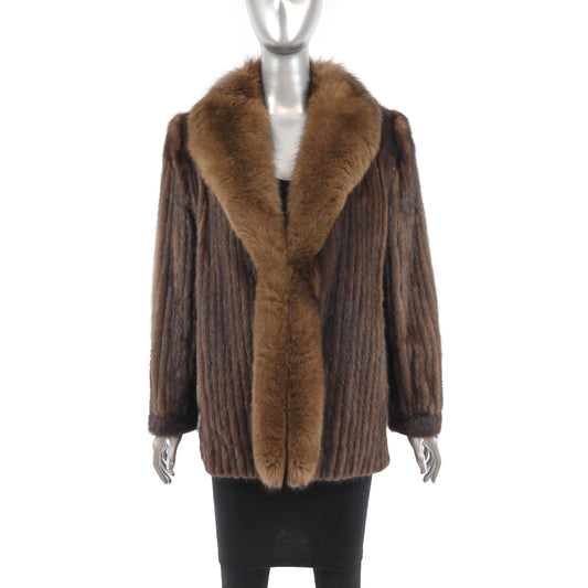 Brown Corded Mink Jacket with Fox Tuxedo- Size M