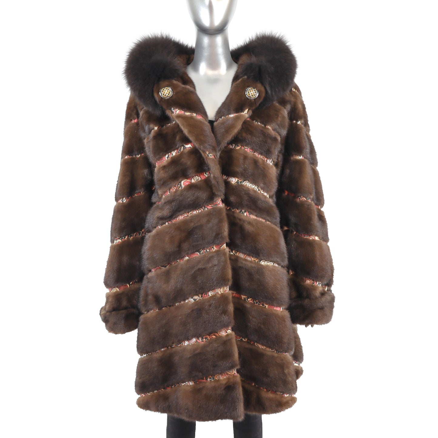 Hooded Mahogany Mink Coat with Fox Trim- Size XL