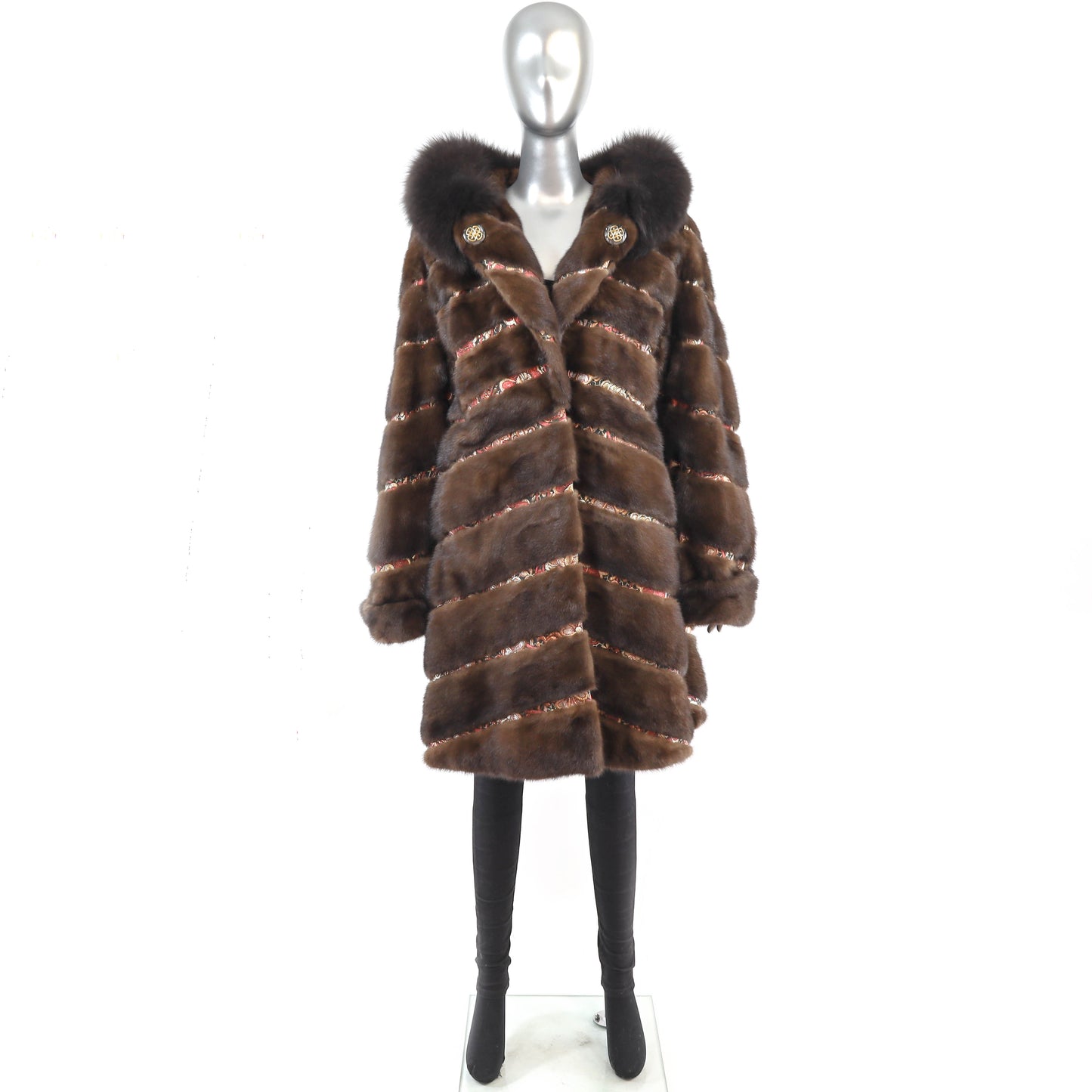 Hooded Mahogany Mink Coat with Fox Trim- Size XL