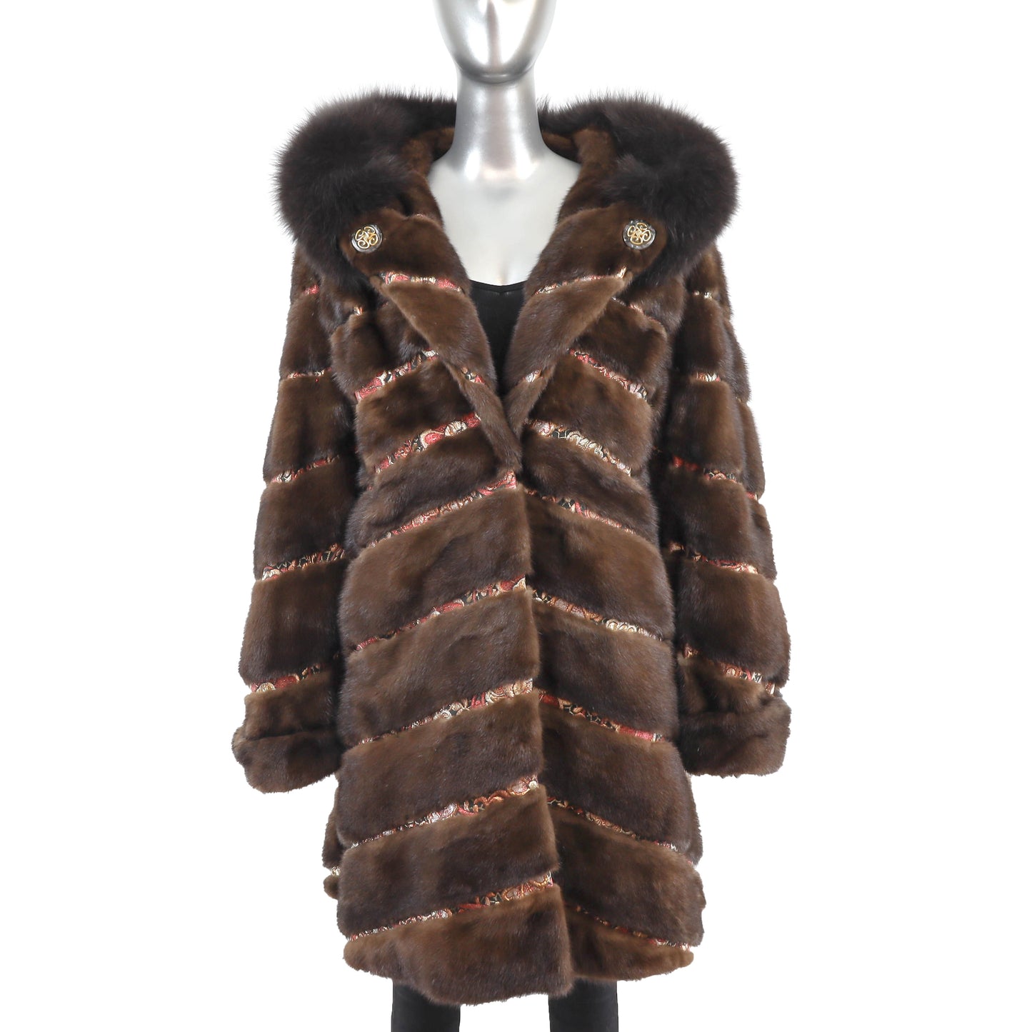 Hooded Mahogany Mink Coat with Fox Trim- Size XL