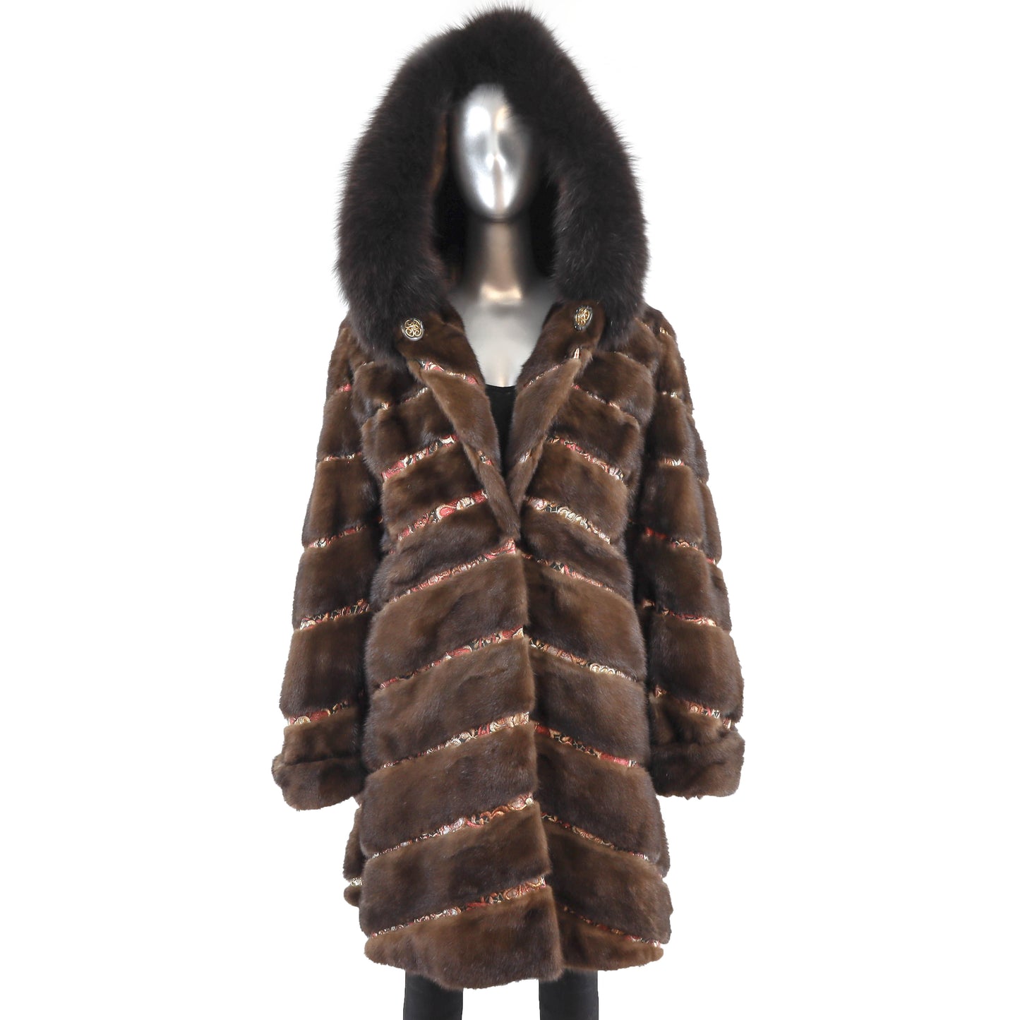 Hooded Mahogany Mink Coat with Fox Trim- Size XL