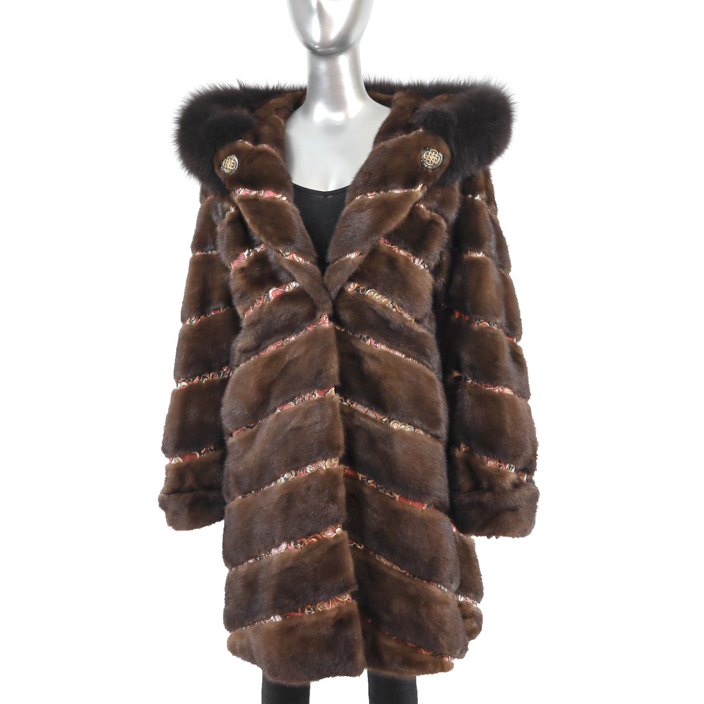 Hooded Mahogany Mink Coat with Fox Trim- Size XL