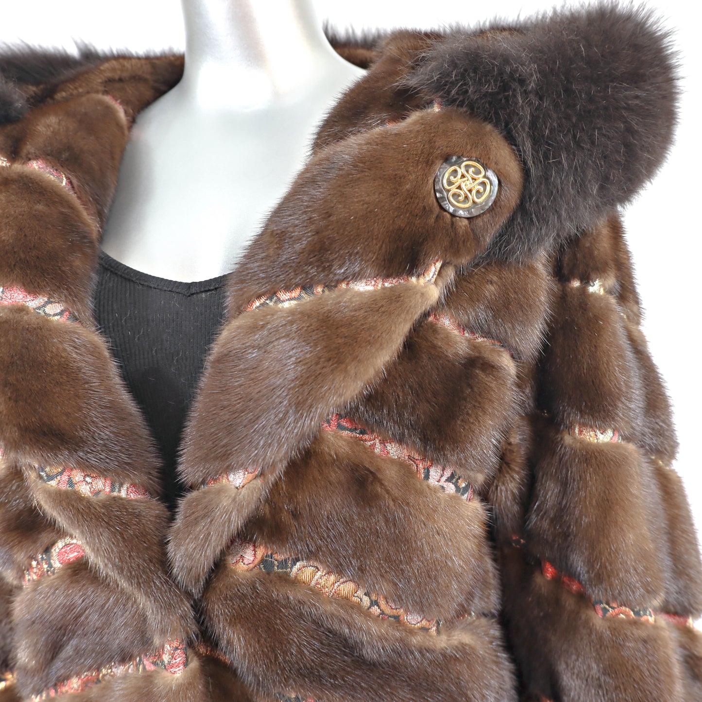 Hooded Mahogany Mink Coat with Fox Trim- Size XL