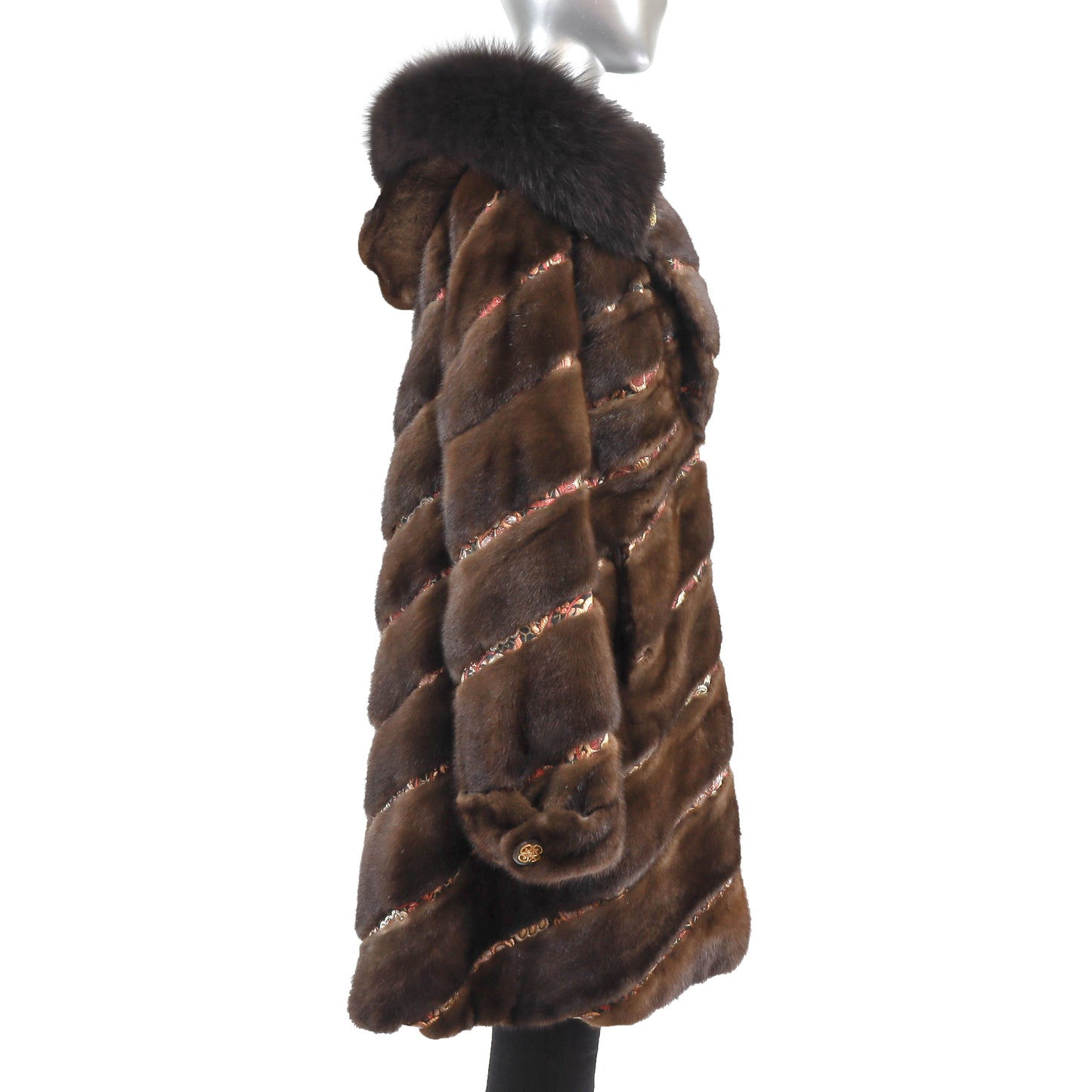 Hooded Mahogany Mink Coat with Fox Trim- Size XL