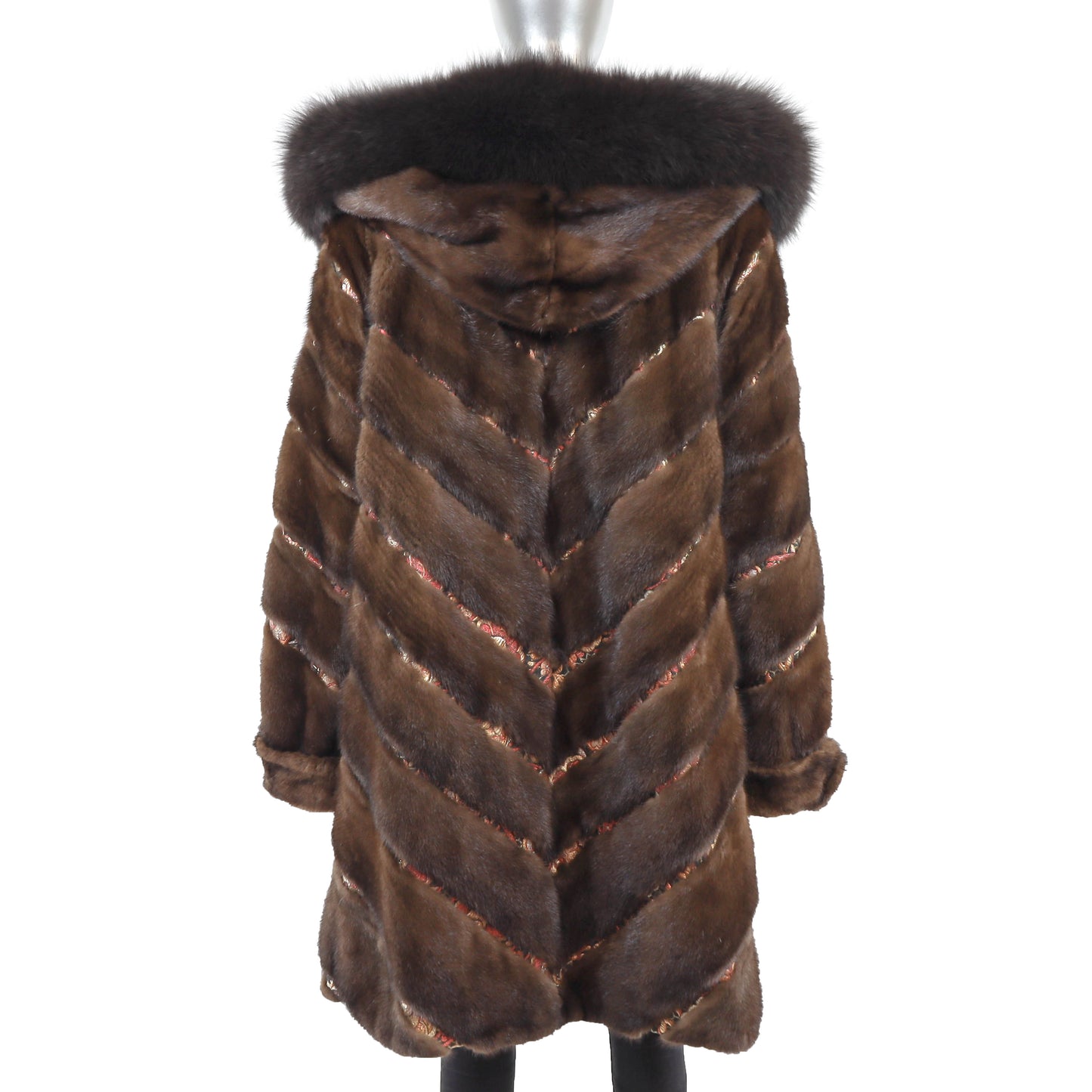 Hooded Mahogany Mink Coat with Fox Trim- Size XL