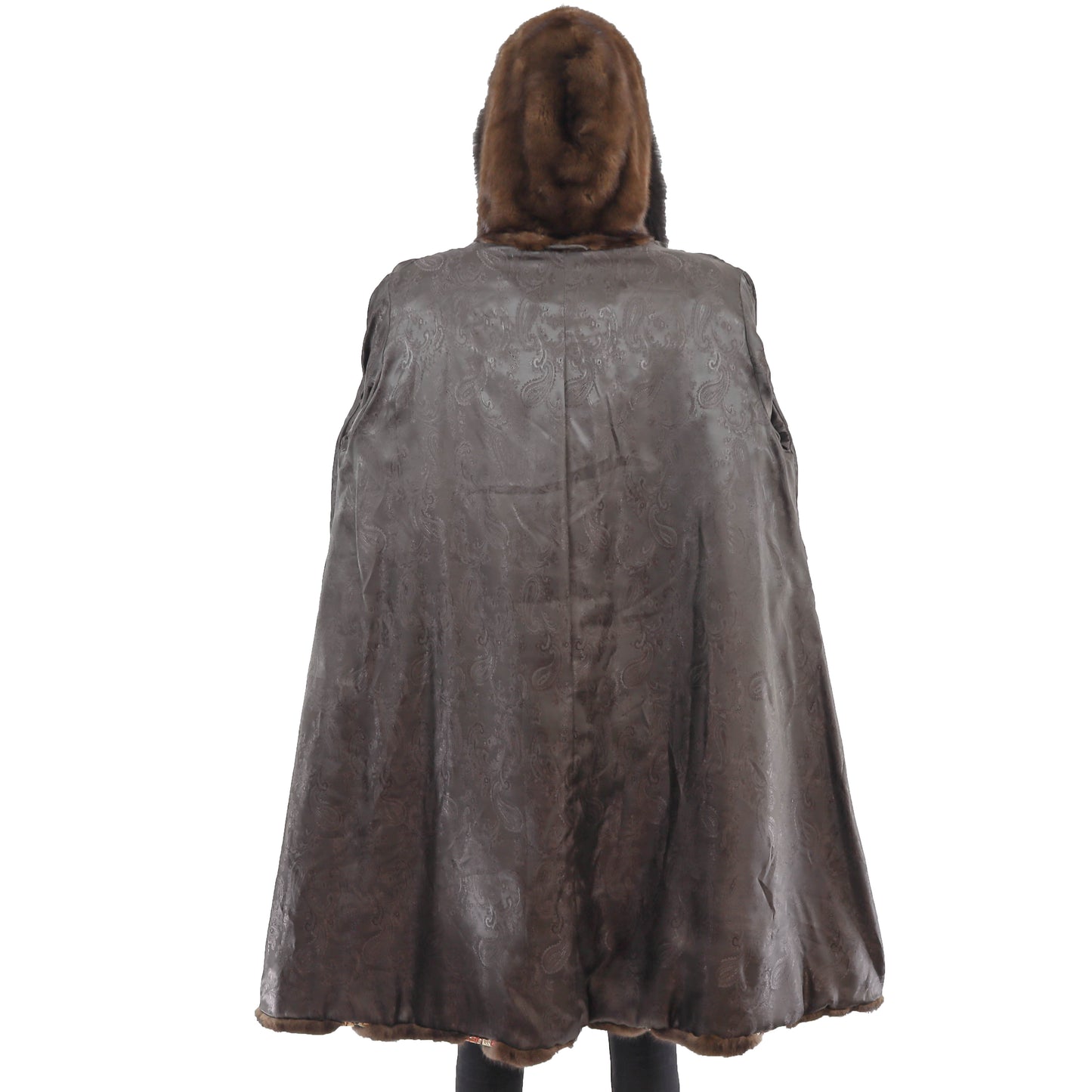 Hooded Mahogany Mink Coat with Fox Trim- Size XL