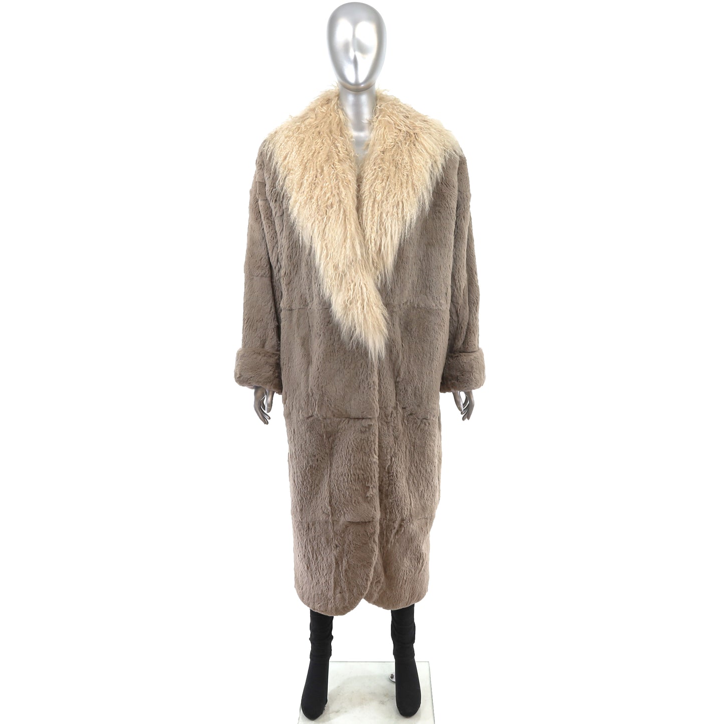 Taupe Rabbit Coat with Tibetan Lamb Collar- Size M