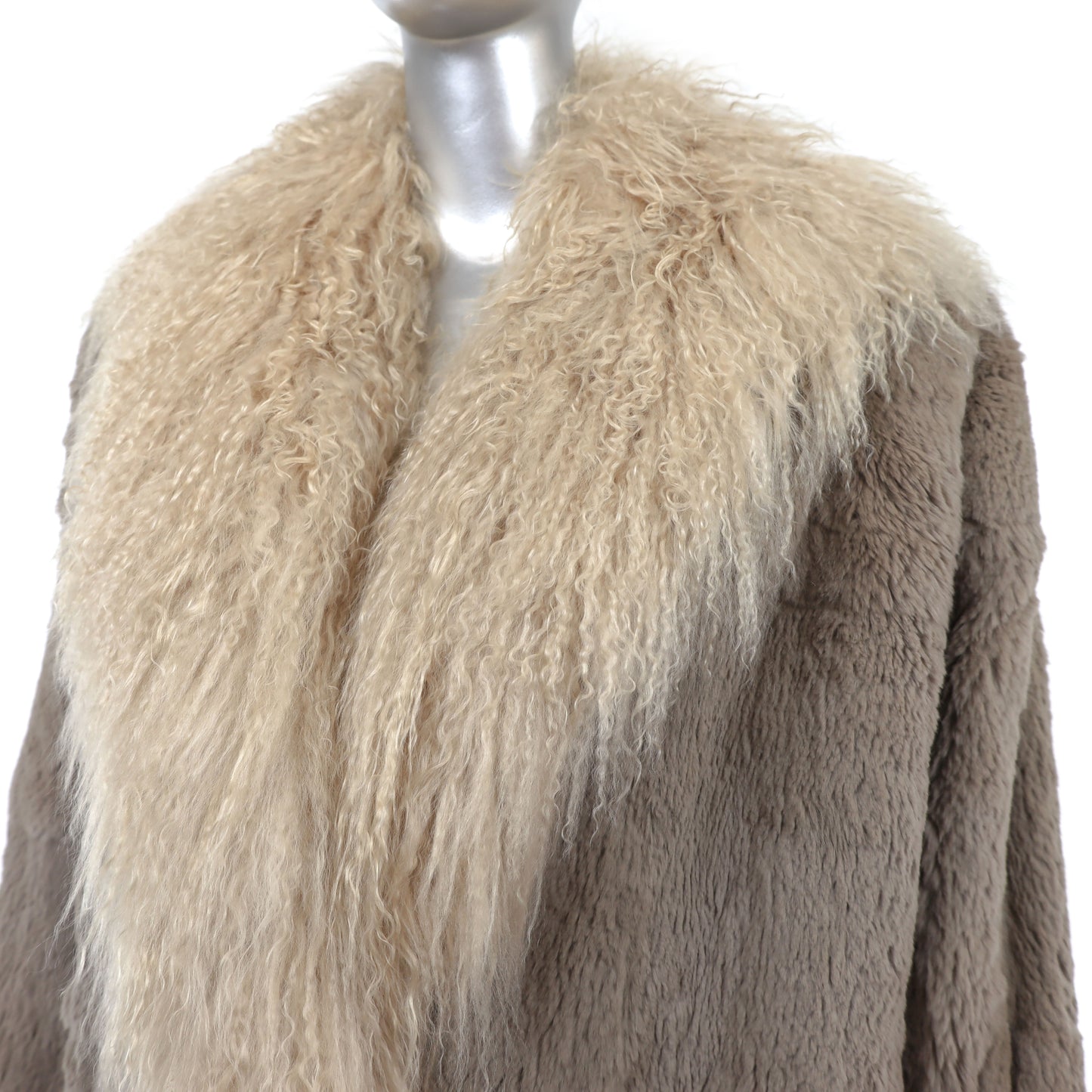 Taupe Rabbit Coat with Tibetan Lamb Collar- Size M