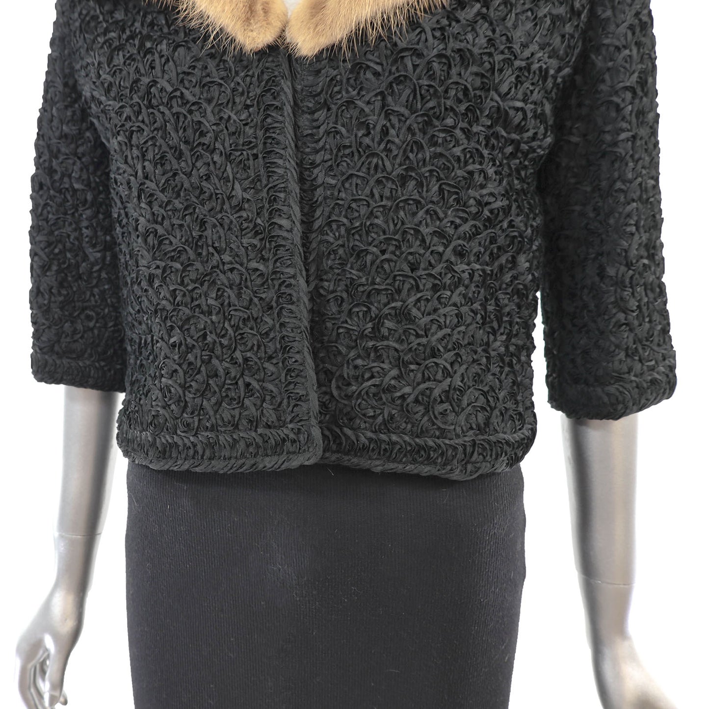 Ribbon Jacket with Mink Collar- Size XS