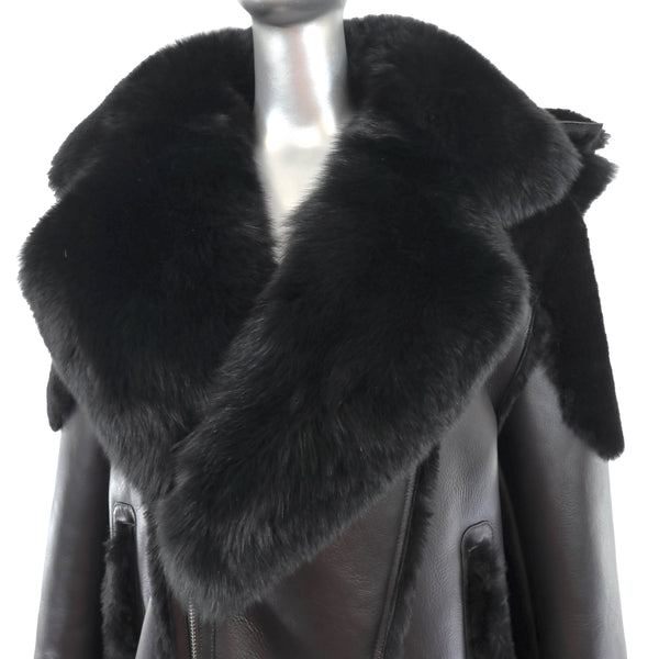 Men's Shearling Jacket with Fox Trim and Detachable Hood- Size XXL