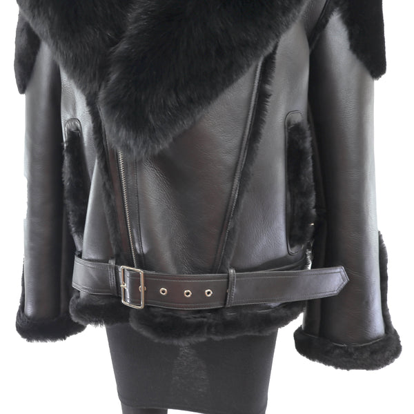 Men's Shearling Jacket with Fox Trim and Detachable Hood- Size XXL