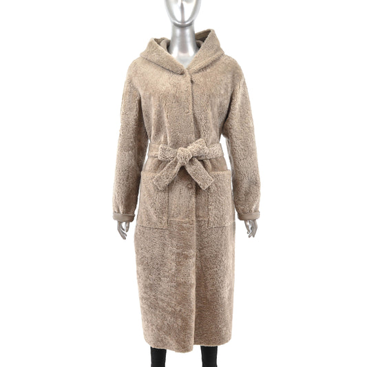 Beige Hooded Shearling Coat- Size S