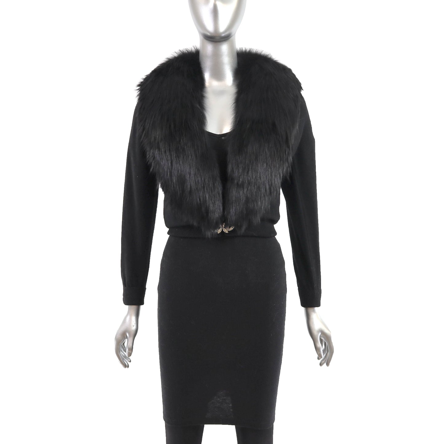 Black Cashmere Sweater with Detachable Fox Collar- Size XS