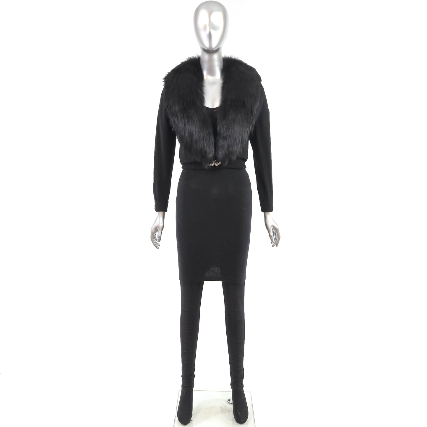 Black Cashmere Sweater with Detachable Fox Collar- Size XS