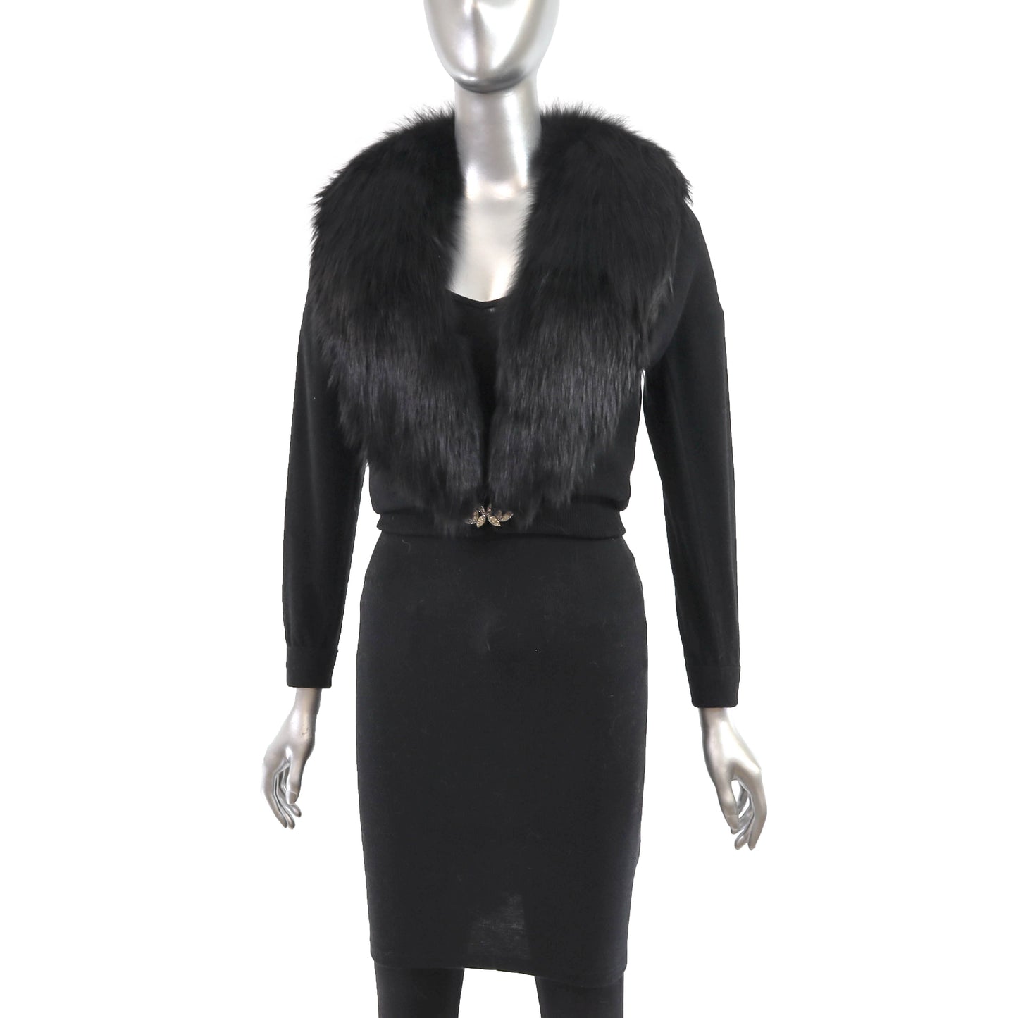 Black Cashmere Sweater with Detachable Fox Collar- Size XS