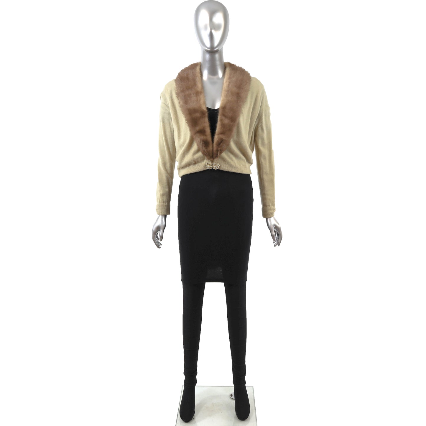 Beige Cashmere Sweater with Removable Mink Collar- Size XS