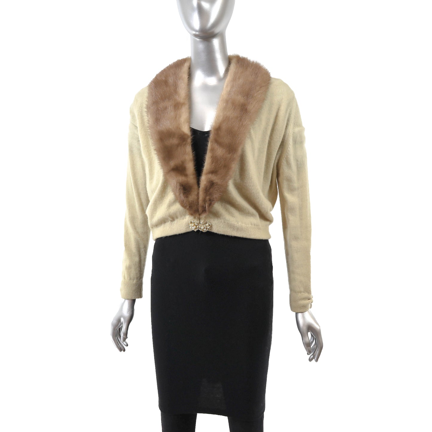 Beige Cashmere Sweater with Removable Mink Collar- Size XS