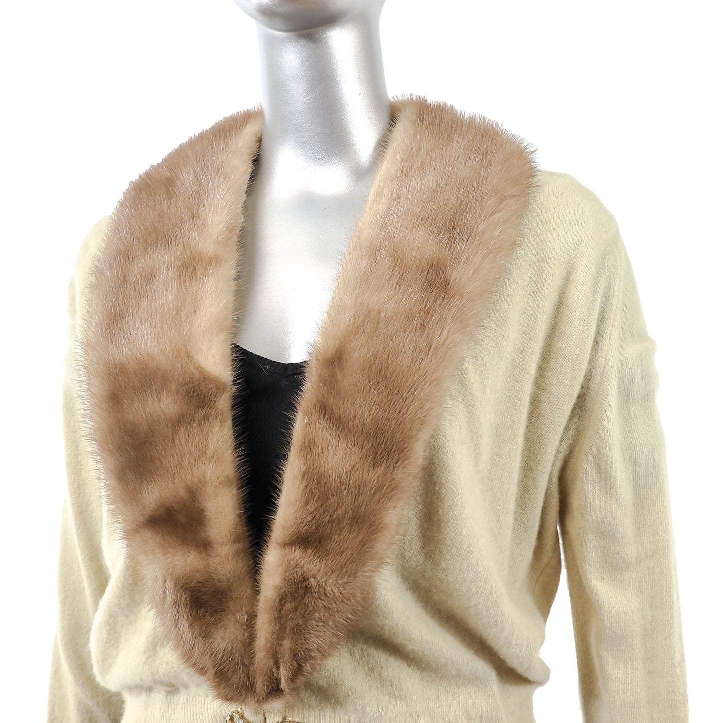 Beige Cashmere Sweater with Removable Mink Collar- Size XS