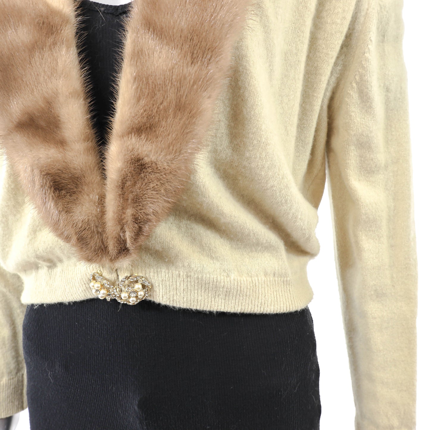 Beige Cashmere Sweater with Removable Mink Collar- Size XS