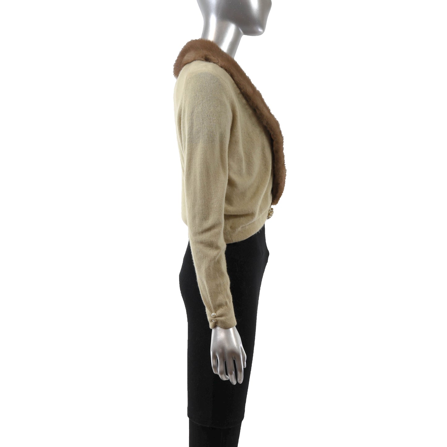 Beige Cashmere Sweater with Removable Mink Collar- Size XS