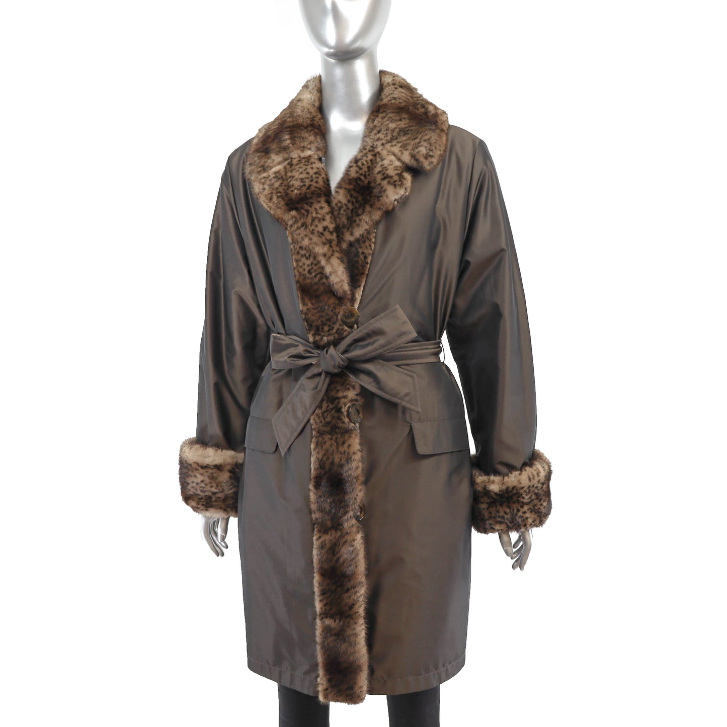 Reversible Taffeta Coat with Animal Printed Mink Trim and Faux Fur Hat- Size L