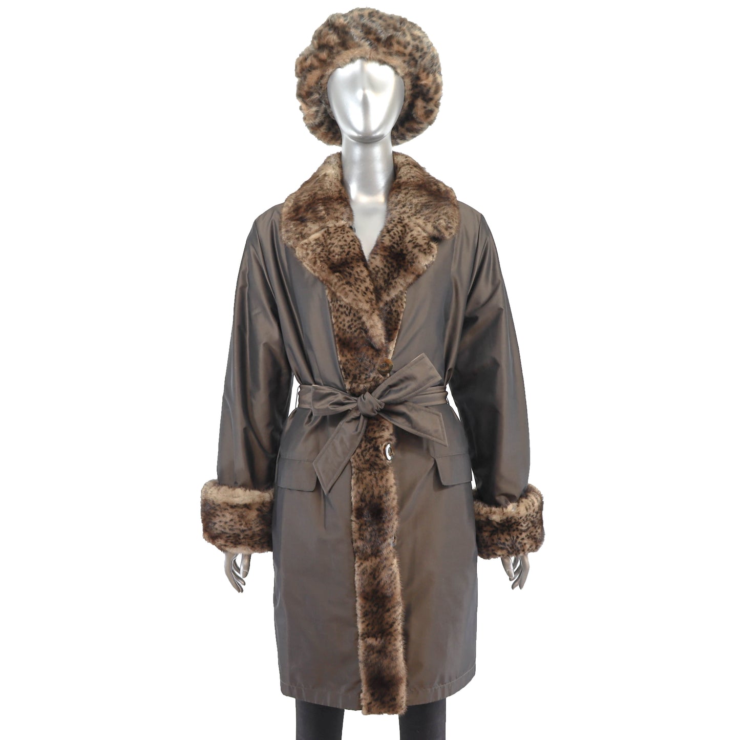 Reversible Taffeta Coat with Animal Printed Mink Trim and Faux Fur Hat- Size L