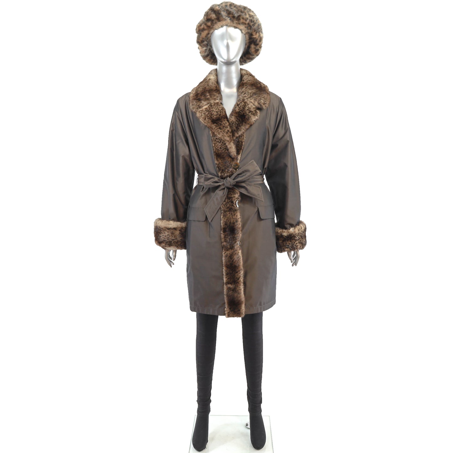 Reversible Taffeta Coat with Animal Printed Mink Trim and Faux Fur Hat- Size L