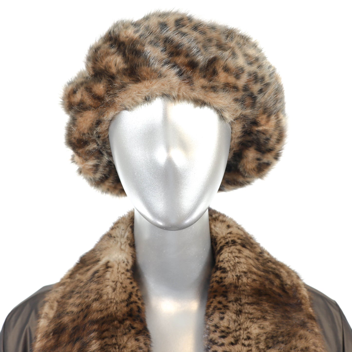 Reversible Taffeta Coat with Animal Printed Mink Trim and Faux Fur Hat- Size L