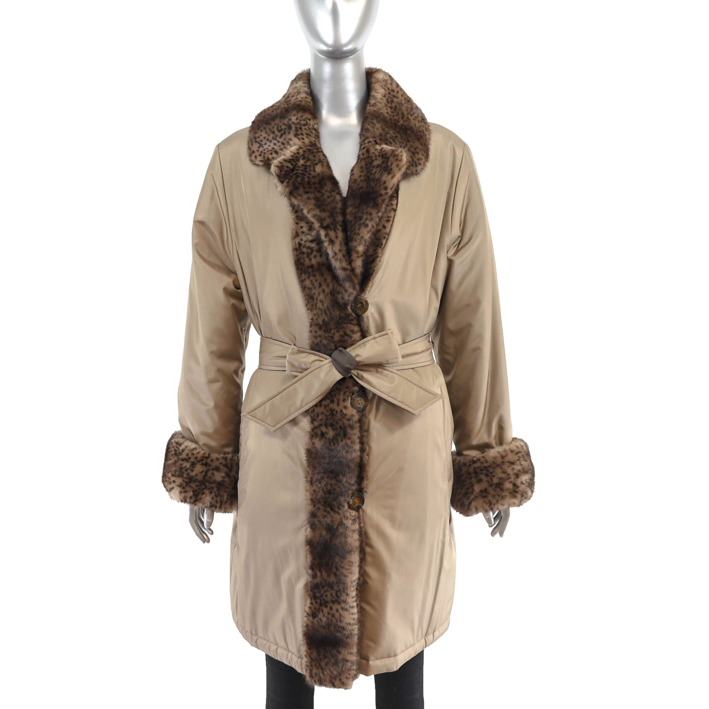 Reversible Taffeta Coat with Animal Printed Mink Trim and Faux Fur Hat- Size L