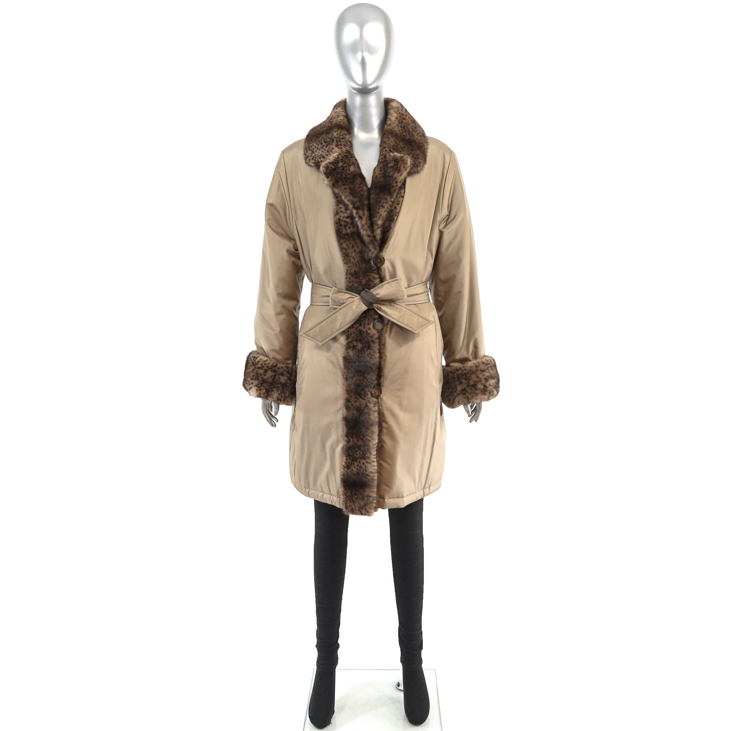 Reversible Taffeta Coat with Animal Printed Mink Trim and Faux Fur Hat- Size L