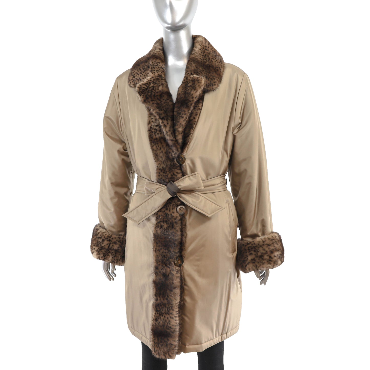 Reversible Taffeta Coat with Animal Printed Mink Trim and Faux Fur Hat- Size L