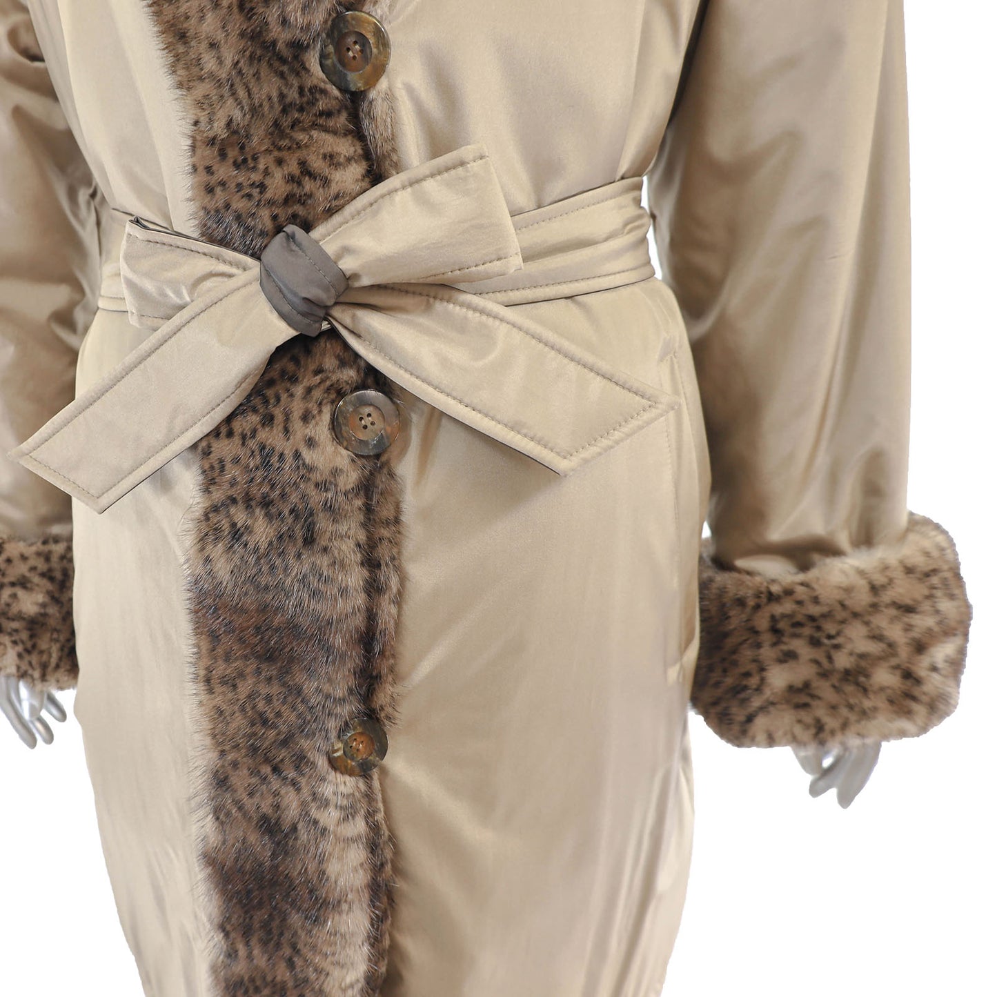 Reversible Taffeta Coat with Animal Printed Mink Trim and Faux Fur Hat- Size L