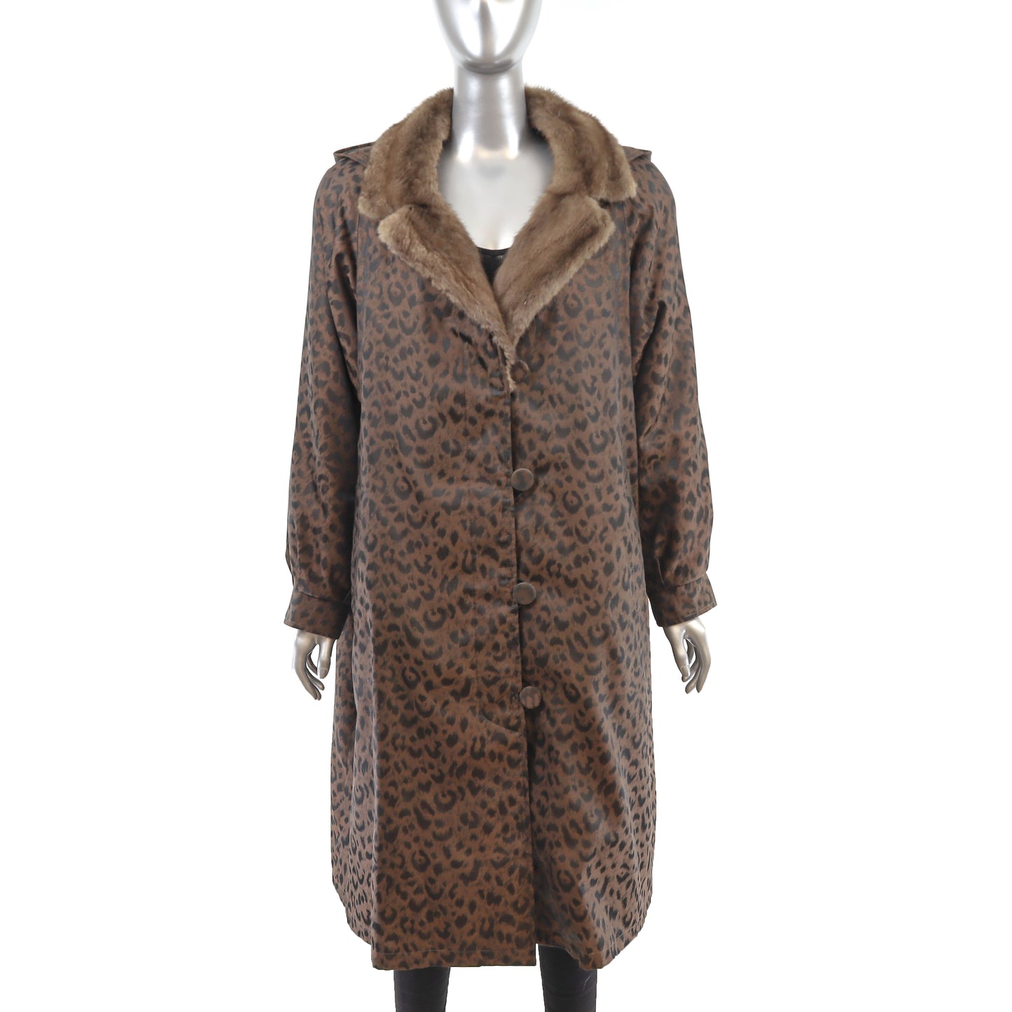 Animal Printed Taffeta Coat with Mink Lining and Removable Hood- Size XXL