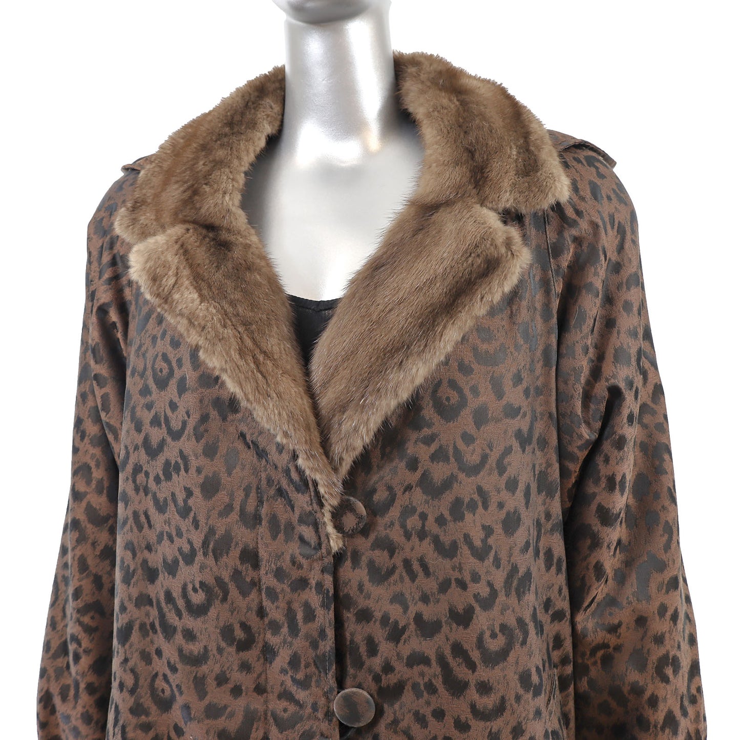 Animal Printed Taffeta Coat with Mink Lining and Removable Hood- Size XXL