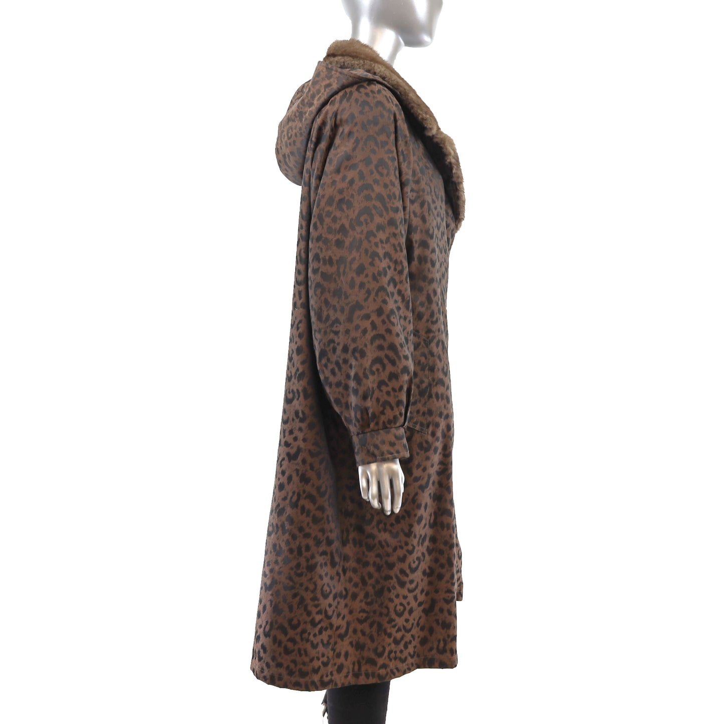 Animal Printed Taffeta Coat with Mink Lining and Removable Hood- Size XXL