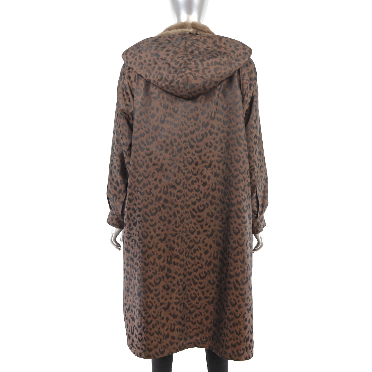 Animal Printed Taffeta Coat with Mink Lining and Removable Hood- Size XXL