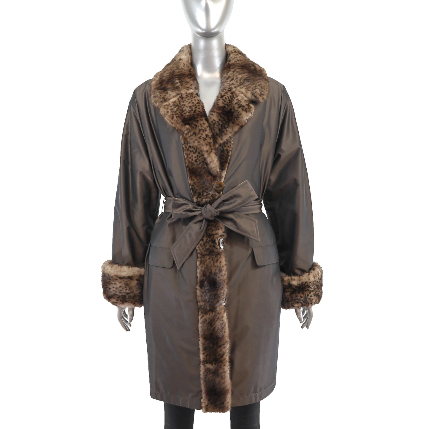 Reversible Taffeta Coat with Animal Printed Mink Trim and Faux Fur Hat- Size L