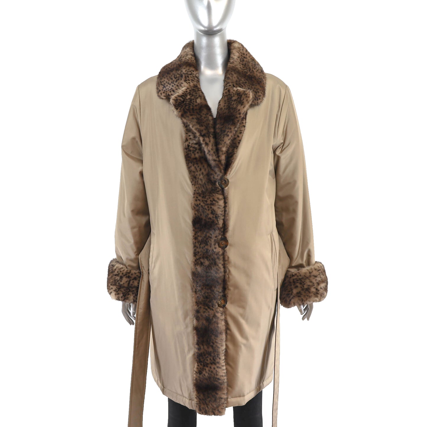 Reversible Taffeta Coat with Animal Printed Mink Trim and Faux Fur Hat- Size L