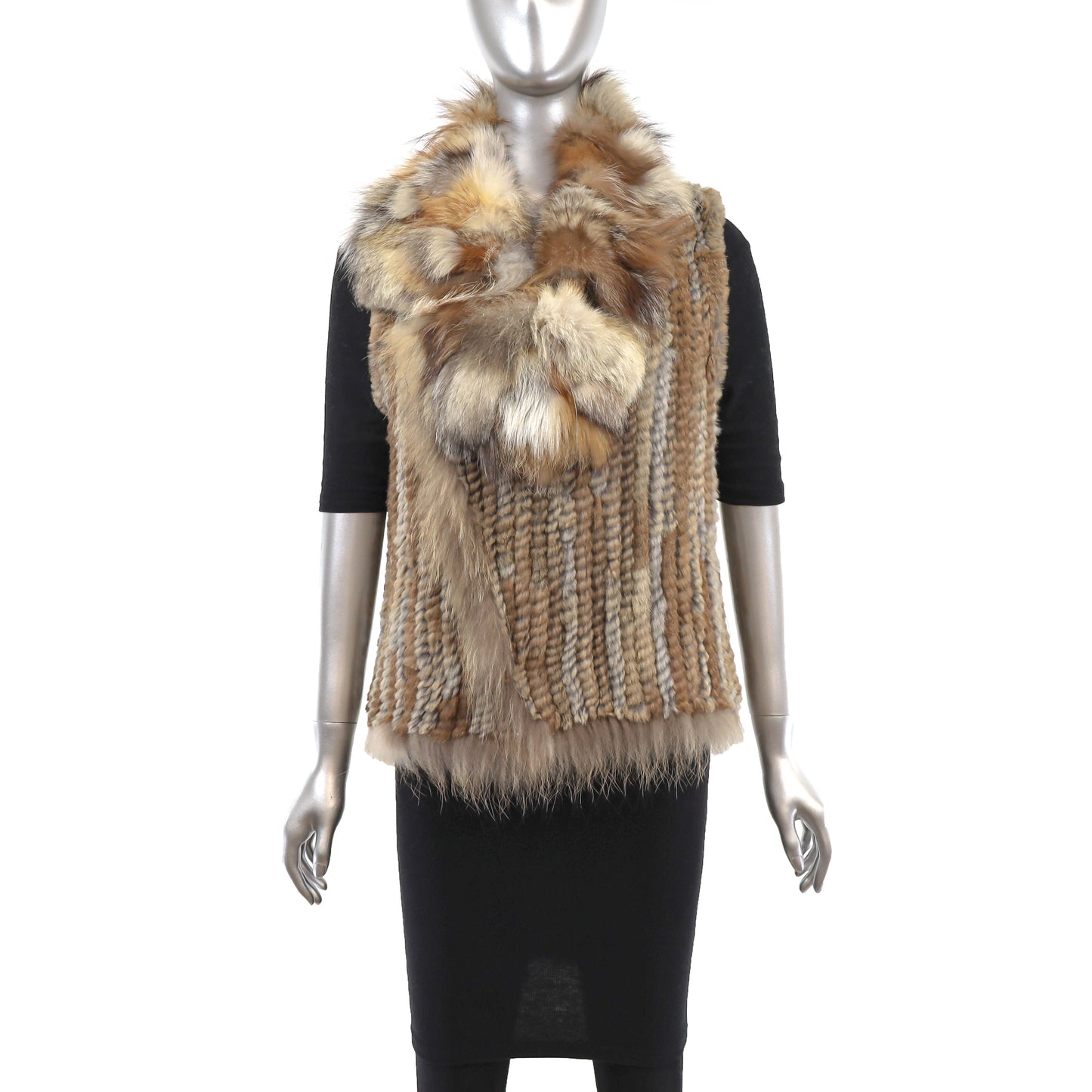 Knitted Brown Rabbit Vest with Fox Trim- Size S