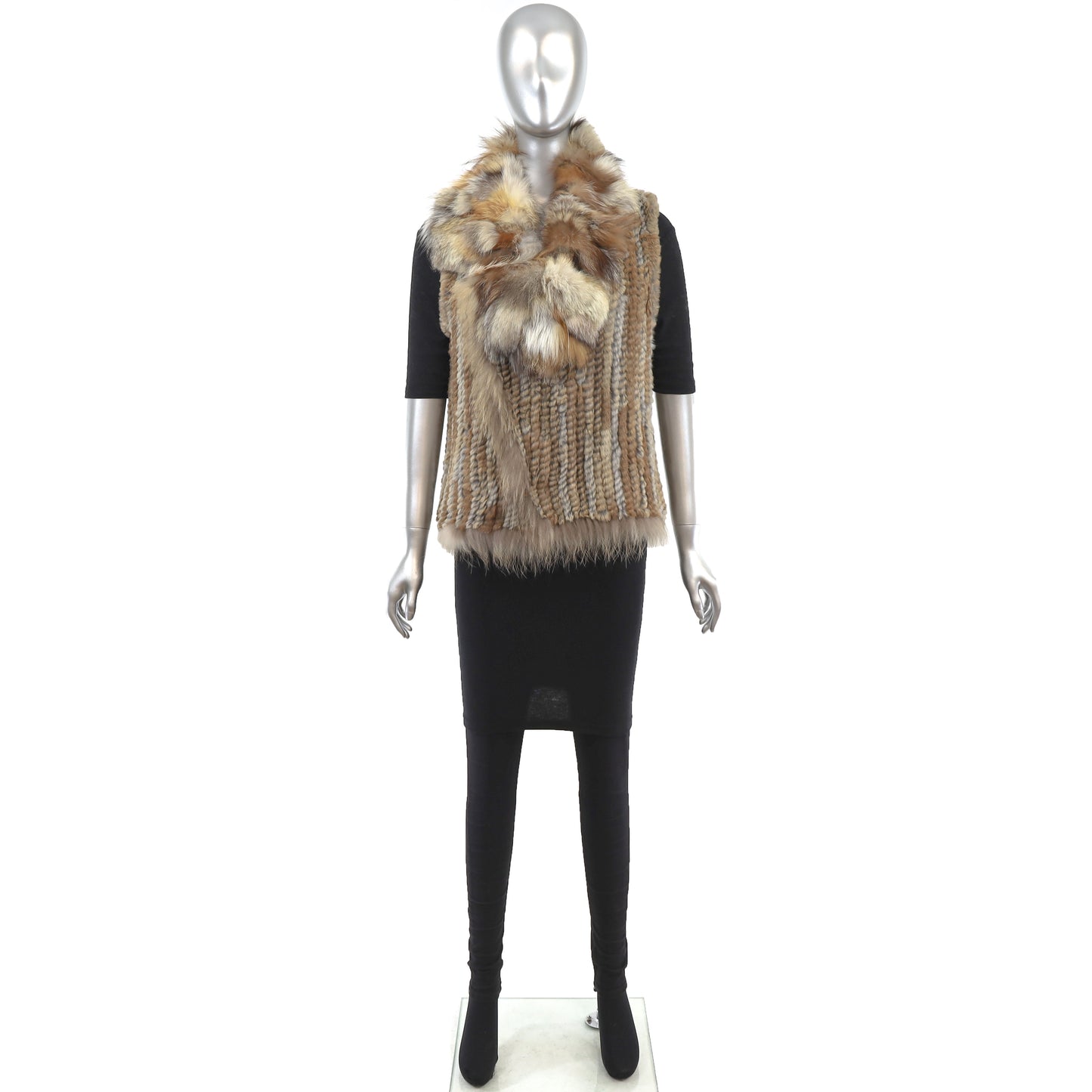 Knitted Brown Rabbit Vest with Fox Trim- Size S