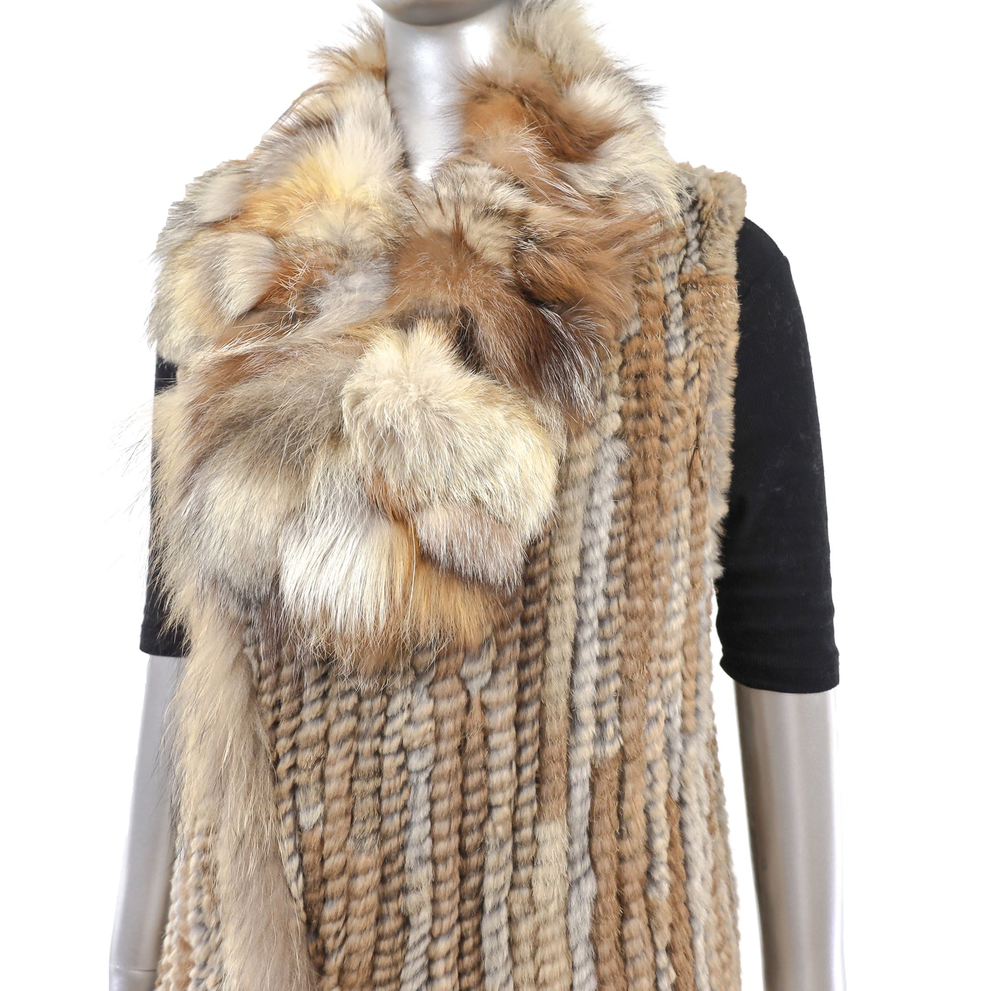 Knitted Brown Rabbit Vest with Fox Trim- Size S