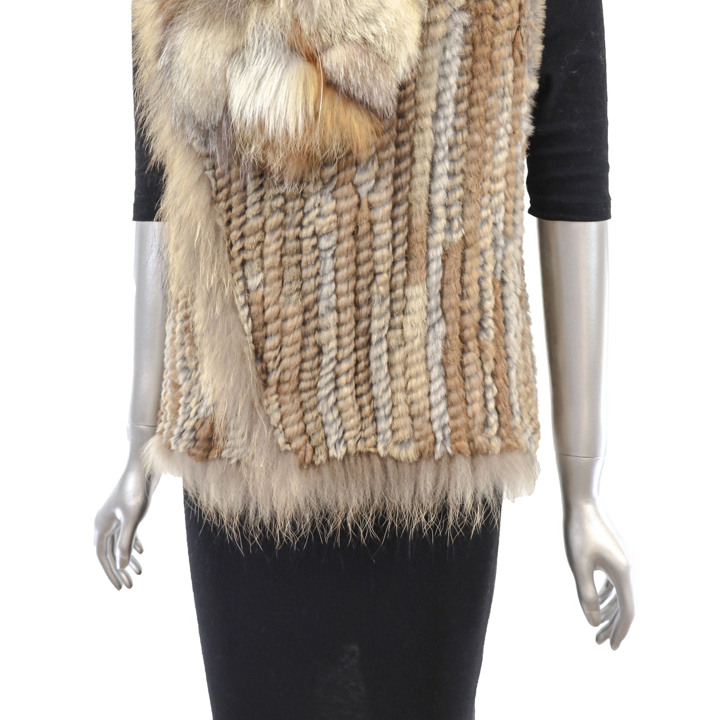 Knitted Brown Rabbit Vest with Fox Trim- Size S