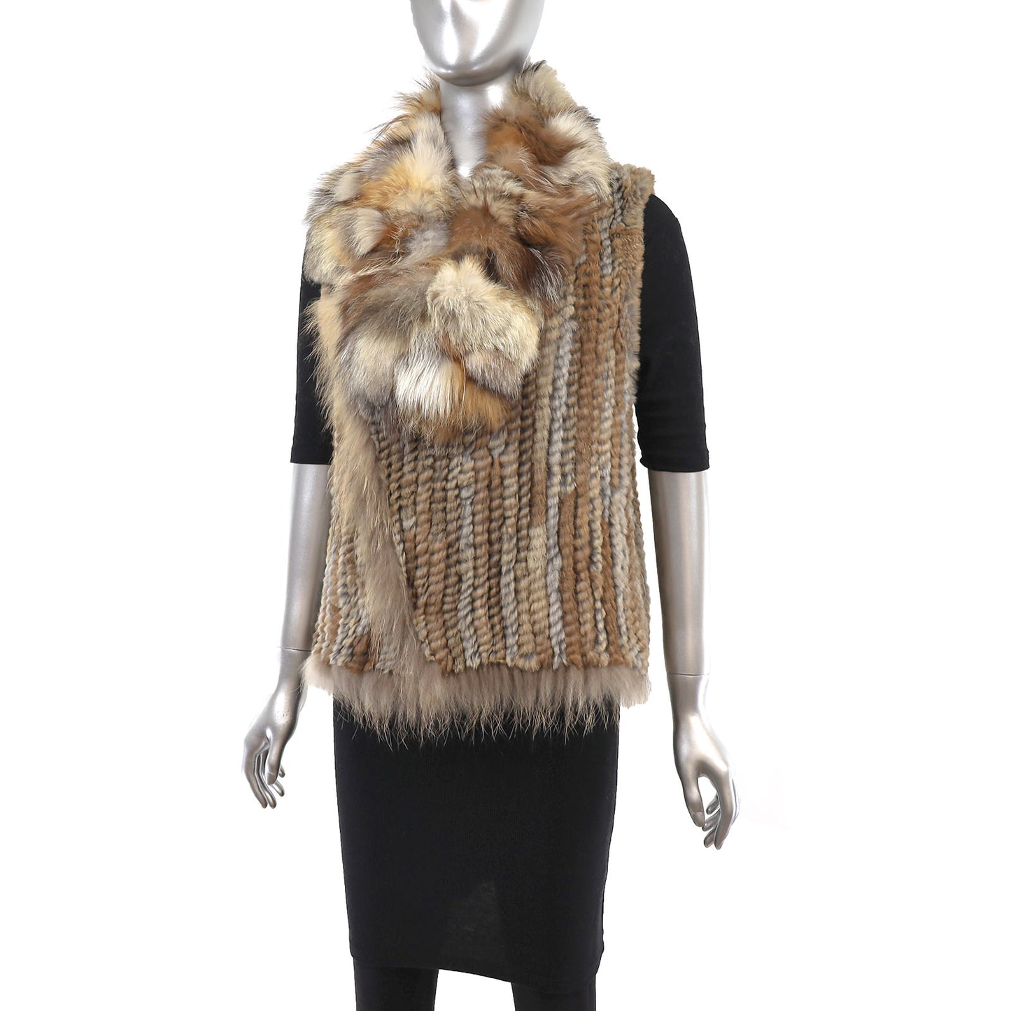 Knitted Brown Rabbit Vest with Fox Trim- Size S