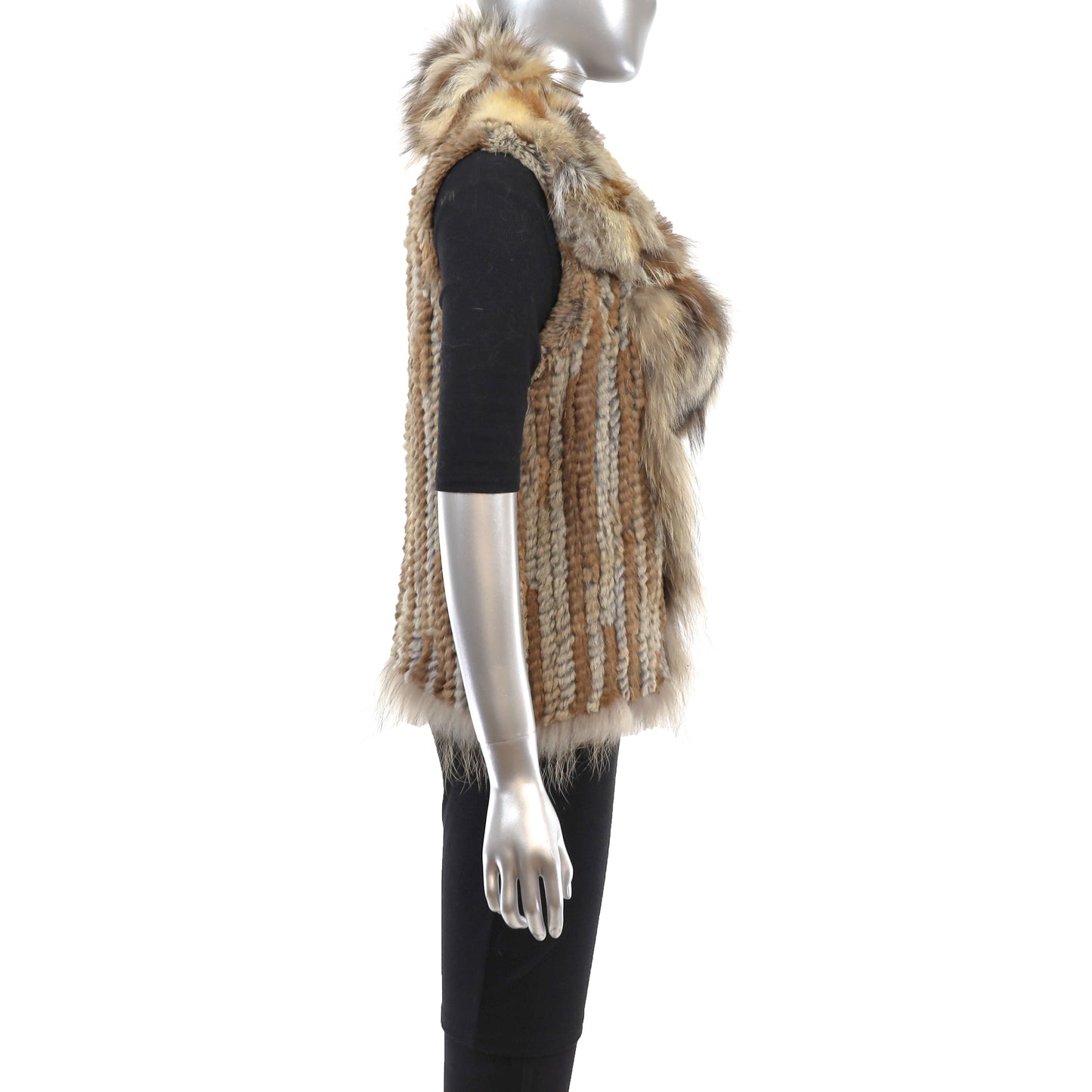 Knitted Brown Rabbit Vest with Fox Trim- Size S