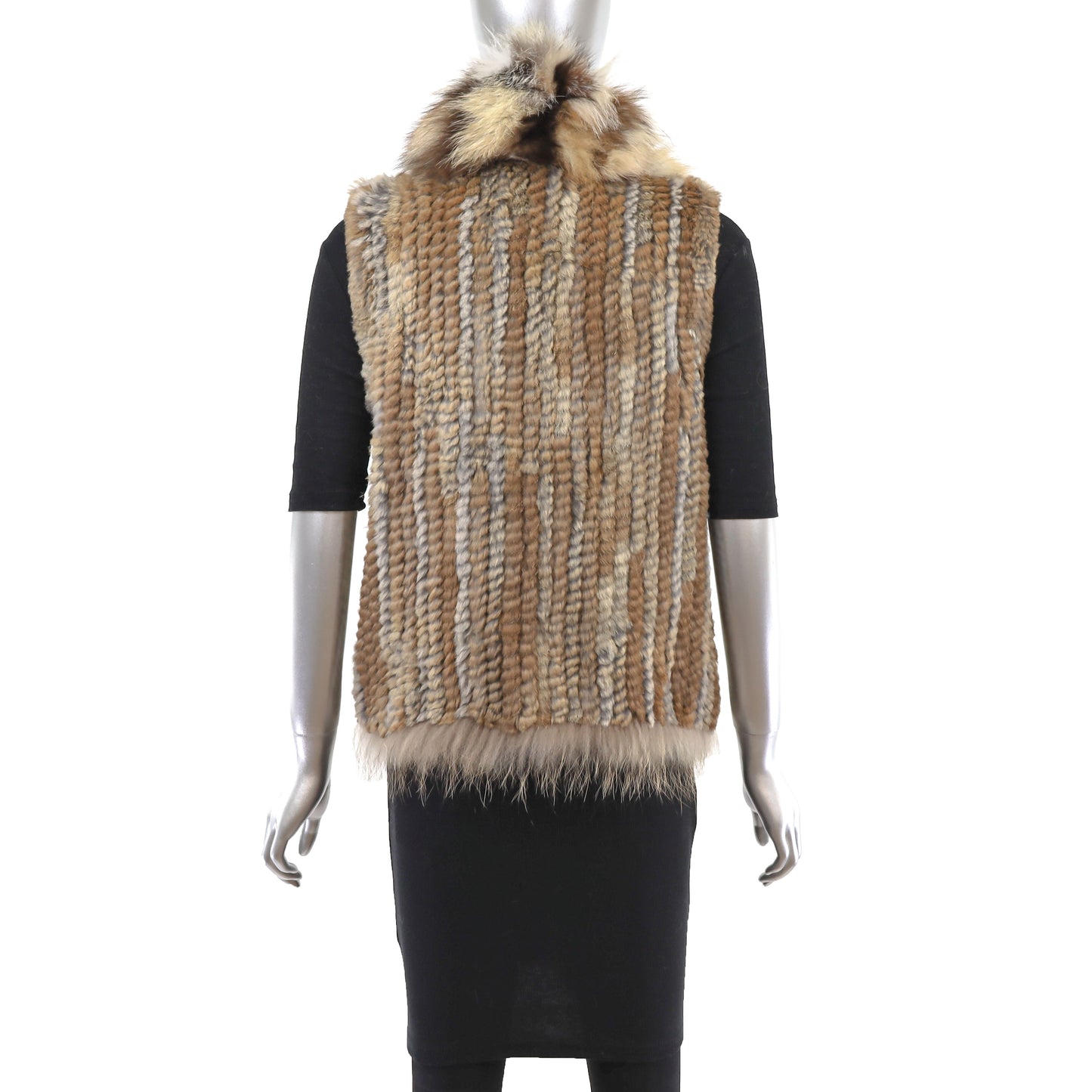 Knitted Brown Rabbit Vest with Fox Trim- Size S